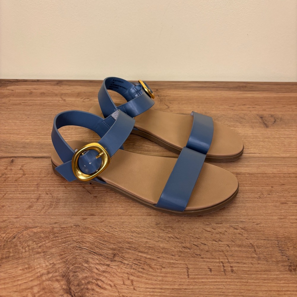 STEVE MADDEN Tacee Flat Sandals Blue‎ Women Size 7.5 Open Toe Buckle Ankle Strap